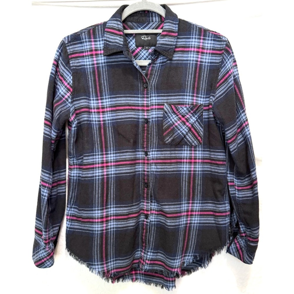 Rails Women's Small Blue & Pink Plaid Button Front Flannel Shirt Unfinished Hem‎